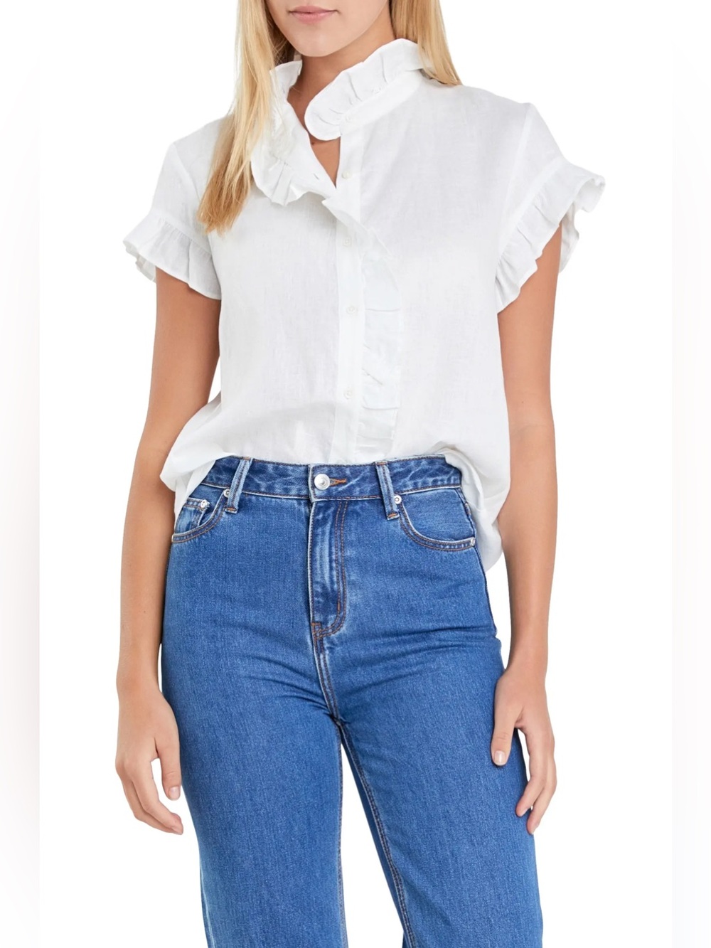 English Factory Ruffle Trim Linen Button Up Top
